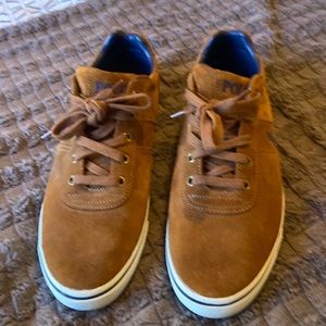 Mens polo shoes. Brown and dark blue. White sole. Limited wear.